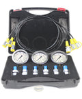 SINOCMP Hydraulic Pressure Test Kit Featuring Three Gauges And Six Couplings With Long Hoses For Excavator Equipment and Heavy Duty Construction Machinery Diagnostic Tools In Portable Case with gauges and couplings in case.