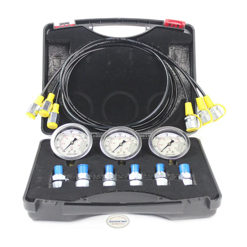 SINOCMP Hydraulic Pressure Test Kit Featuring Three Gauges And Six Couplings With Long Hoses For Excavator Equipment and Heavy Duty Construction Machinery Diagnostic Tools In Portable Case with gauges and couplings in case.