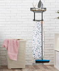 Wall Mounted Ironing Board Hanger And Iron Holder With Large Black Wooden Base Basket Removable Hooks Space Saving Laundry Room Organizer For T Shaped Leg Irons Not For Y Leg Boards installed on white brick wall