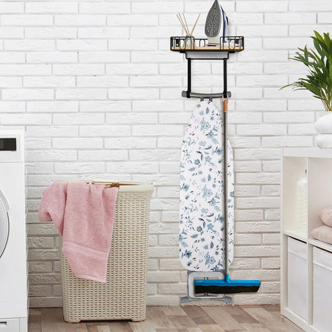 Wall Mounted Ironing Board Hanger And Iron Holder With Large Black Wooden Base Basket Removable Hooks Space Saving Laundry Room Organizer For T Shaped Leg Irons Not For Y Leg Boards installed on white brick wall