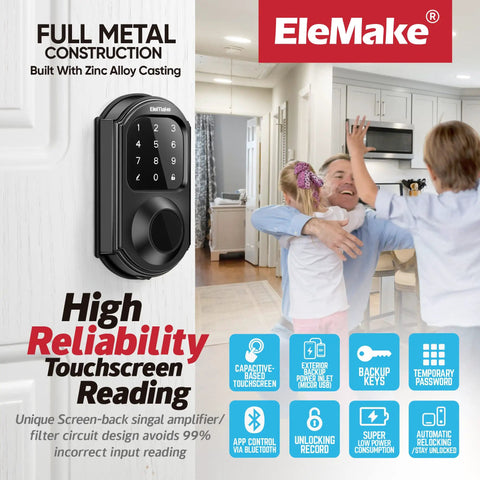 Smart Deadbolt Door Lock With WiFi Connection Digital Touchscreen Bluetooth 2.4 GHz Black Finish in home setting