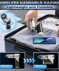 Handheld Cordless Car Vacuum 17,000 Pa Suction, 3 In 1 Mini Air Duster Blower shown folding into luggage.
