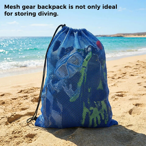 Blue mesh gear bag on beach containing fins, masks, and snorkels. Four Pack Large Mesh Gear Bags For Snorkel Gear And Wetsuits 19 By 27 Inch Drawstring Swim Bags Polyester Dive Bag Beach And Swim Equipment Organizer For Fins Masks Snorkels Goggles Travel.
