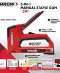 5-In-1 Manual Staple And Nail Gun for woodworking, ergonomic red design, lightweight, with belt clip and power settings.