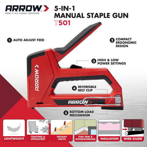 5-In-1 Manual Staple And Nail Gun for woodworking, ergonomic red design, lightweight, with belt clip and power settings.