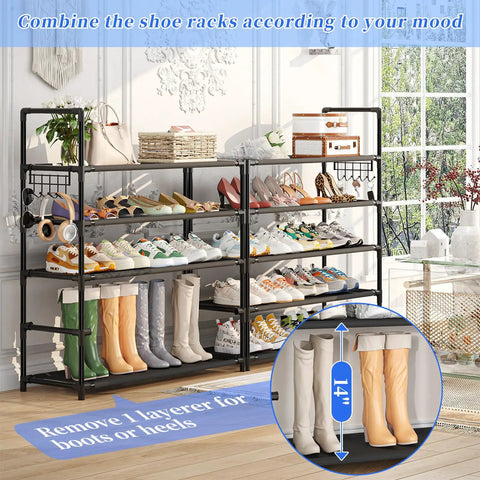 Tall 40-Pair Shoe Rack Organizer, 10-Tier Shelf For Entryway Closet with boots and sneakers on display, space-saving design.