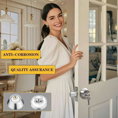 Woman opening door with Silver Steel Single Cylinder Deadbolt For Front And Garage Doors With Keyed One Side And Thumb Turn Inside Heavy Duty Home Security Lock Weather Resistant installed.