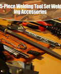 All In One 26 Piece MIG Welding Kit With Auto Darkening Helmet Heat Resistant Leather Gloves Chipping Hammer Welpers Pliers Nozzle Reamer