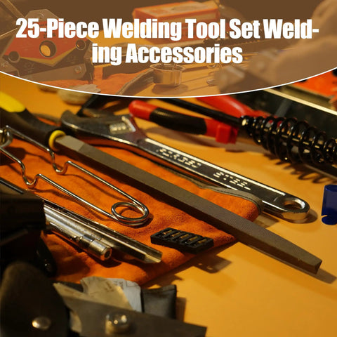 All In One 26 Piece MIG Welding Kit With Auto Darkening Helmet Heat Resistant Leather Gloves Chipping Hammer Welpers Pliers Nozzle Reamer