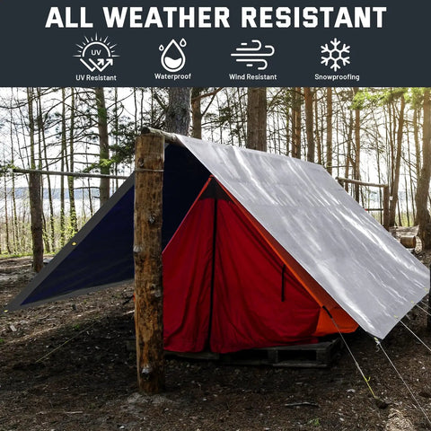 Beast Mode Tough 12 Mil Heavy Duty Waterproof Tarp With Metal Grommets, 10x20 ft covering shelter, forest setting, all-weather use
