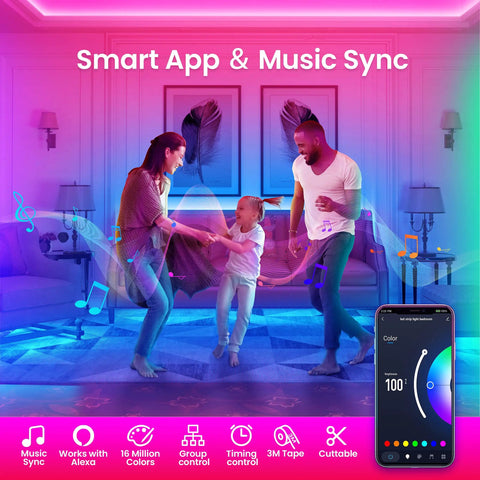 Family dancing with 25ft Smart LED Strip Lights For Bedroom RGB Color Changing With Music Sync Alexa Compatible App Remote And Voice Control