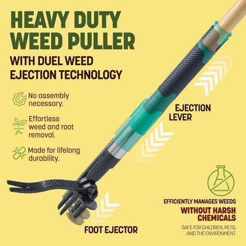 Weed Puller Tool 44 Inch Stand Up Weeder With 4 Claw Steel Head Dual Weed Eject Tech Bamboo Handle Garden Remover For Easy Weeding In Yard And Garden Today, angled view