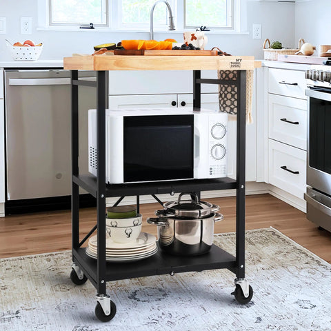 Foldable Kitchen Storage Cart With Solid Oak Top 3 Tier Rolling Metal Utility Rack Lockable Wheels For Microwave Pots And Pans