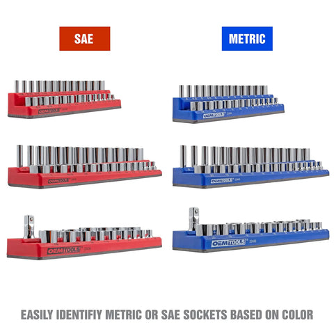 Six Pack Magnetic Socket Organizer Set For 1/4, 3/8, And 1/2 Inch Drive Sockets, SAE And Metric Compatible with red and blue trays