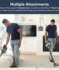 Featherlight Cordless Stick Vacuum Sweeping Up Every Scrap With Muscle Bound 20000 Pa Suction And True HEPA Filtration For Smooth No Sweat Whole House Cleanups being used to clean couch crumbs with a crevice tool.