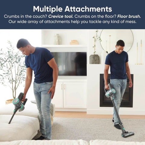 Featherlight Cordless Stick Vacuum Sweeping Up Every Scrap With Muscle Bound 20000 Pa Suction And True HEPA Filtration For Smooth No Sweat Whole House Cleanups being used to clean couch crumbs with a crevice tool.