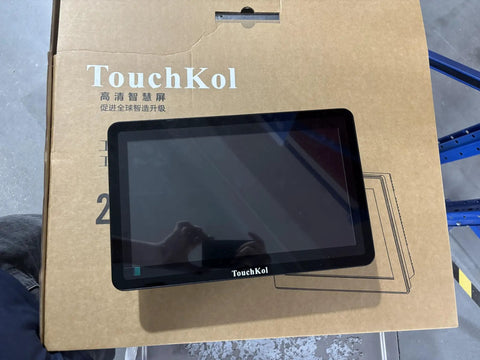 21.5 Inches Industrial Touchscreen Panel PC Running Windows 11 Pro With Intel Celeron J6412 Chipset on a cardboard box.