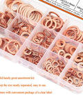 Copper Washer Kit With 12 Sizes And 300 Pieces in clear compartment box, showing various copper washers for M5-M20 applications.