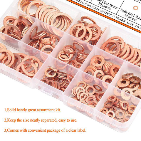 Copper Washer Kit With 12 Sizes And 300 Pieces in clear compartment box, showing various copper washers for M5-M20 applications.