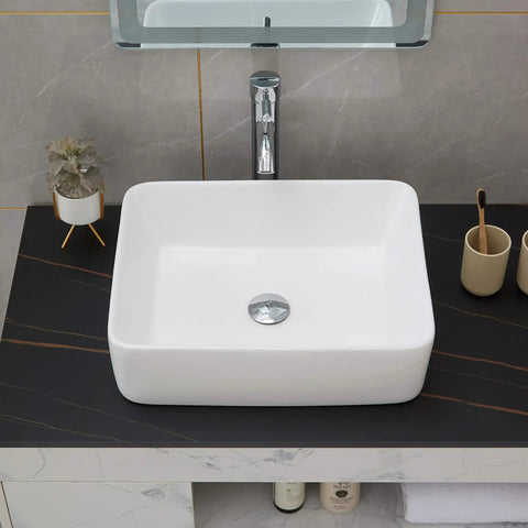 Rectangle Vessel Sink With Pop Up Drain Included For Above Counter Bathroom White Porcelain Ceramic Vanity Basin 14.6 X 18.9 X 5.2 Inches Without Faucet Hole