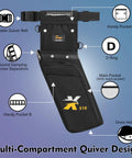 Field and Competition Hip Arrow Quiver with 3 Slot System Holds 12 Plus Arrows showing features and compartments