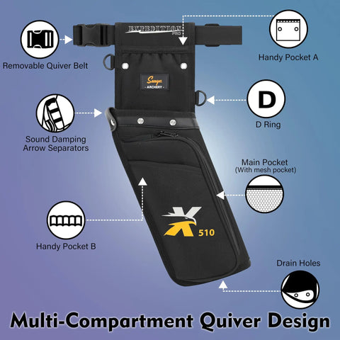 Field and Competition Hip Arrow Quiver with 3 Slot System Holds 12 Plus Arrows showing features and compartments