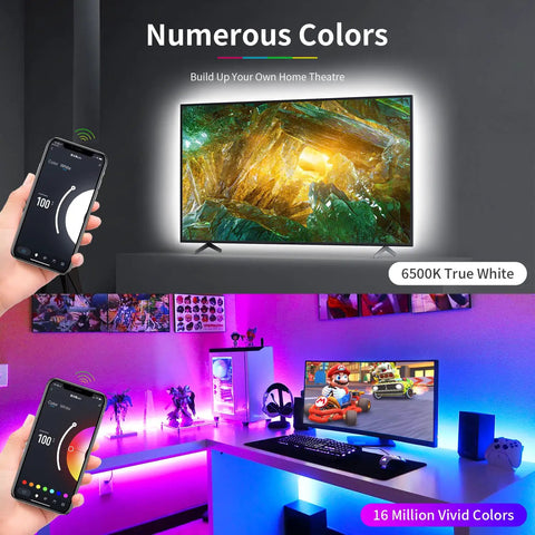 65 Inch TV Backlight Kit With RGBW LED Strips, 15ft Total For 60 to 72 Inch Screens, USB WiFi Smart Bias Lighting shown in use