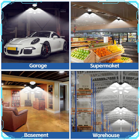 Six Pack 200W LED Garage Light Kit With 7 Plus 1 Deformable Panels illuminating garage, supermarket, basement, and warehouse