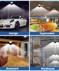 Ultra Bright 7 Plus 1 Panel LED Garage Light 6500K Ceiling Fixture illuminating garage, supermarket, basement, and warehouse