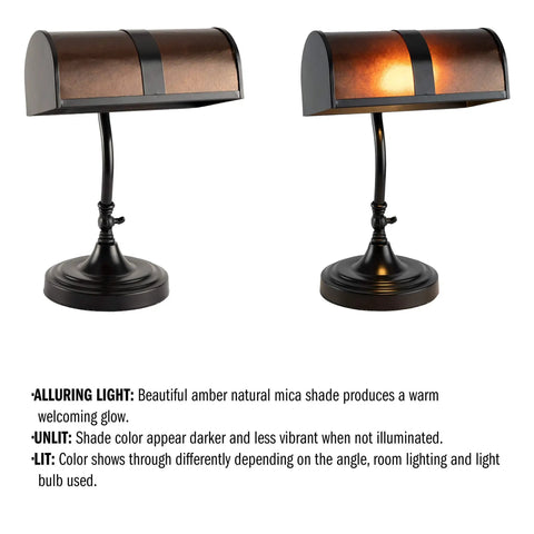Bankers Lamp With Amber Mica Shade Mission Style Table Or Desk Light Led Bulb Included Cozy Vintage Glow For Home Office Living Room Dark Brown Finish, showing two lamps, one lit and one unlit.