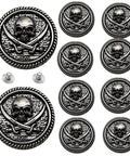 Badass 30Mm Skull Screw Back Buttons For Leather Crafting Premium Coin Style Alloy Snap Fasteners shown in various views.