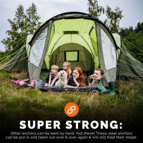 Group inside a green tent held by heavy duty 12 inch ground stakes set of 8 screw in anchors for mobile homes sheds swing sets trees and canopies includes drill bit built tough no nonsense install reusable steel stakes for hard soil.