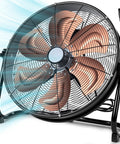 20 Inch High Velocity Industrial Drum Fan With 5703 CFM Heavy Duty Metal Construction showing 6 steel blades and 360 degree rotation