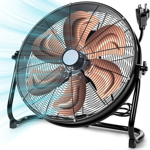 20 Inch High Velocity Industrial Drum Fan With 5703 CFM Heavy Duty Metal Construction showing 6 steel blades and 360 degree rotation