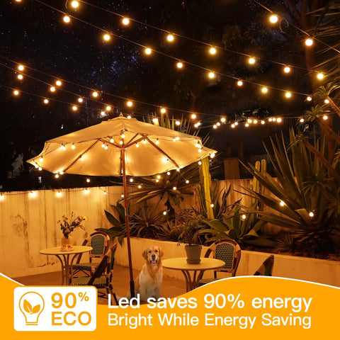 Weatherproof 50Ft Outdoor String Lights With 25 Edison Bulbs And 2 Spare LEDs illuminating a patio at night