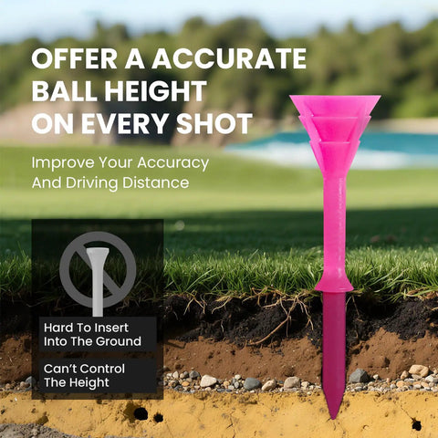 Unbreakable Plastic Golf Tees 3 1/4 Inch Long You Can Really Count On shown in pink on grassy golf course view