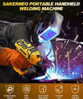 Welder using Ultra Portable 110V Handheld Stick Welder With IGBT Inverter, sparks flying, welding mask visible.