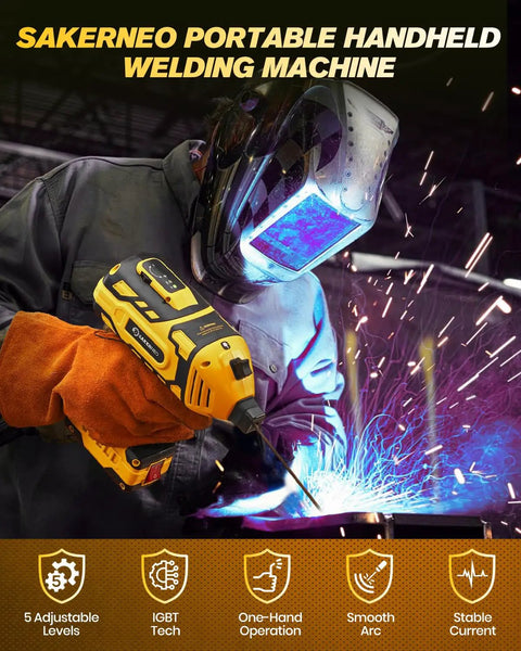 Welder using Ultra Portable 110V Handheld Stick Welder With IGBT Inverter, sparks flying, welding mask visible.