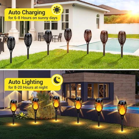 Upgraded 10 Pack Solar Torch Lights Outdoor with Realistic Flickering Flames Waterproof Solar Powered Tiki Torches in garden