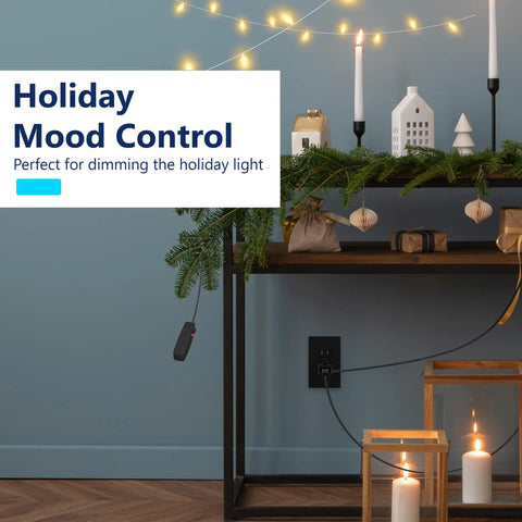 Heavy Duty Tabletop Lamp Dimmer Switch With No Sweat Plug And Play Setup For Smooth Brightness Control On CFL And LED Fixtures Up To Two Hundred Watts Total Rock Solid Performance UL Listed Black Housing on holiday display.