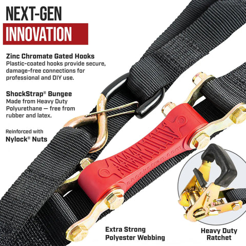 Heavy Duty Shock Absorbing Ratchet Strap Set 7 Ft By 1.5 In For Cargo Securement, 1,000 Lb WLL And 3,000 Lb Break Strength, 2 Pack