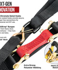 Heavy Duty 7 Foot By One And A Half Inch Shock Absorbing Ratchet Straps For Cargo Haul Securement, featuring chromate hooks
