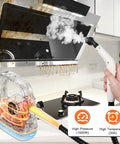 Handheld Steam Cleaner With LCD Display And One Click Control in use on kitchen hood, showing steam cleaning action