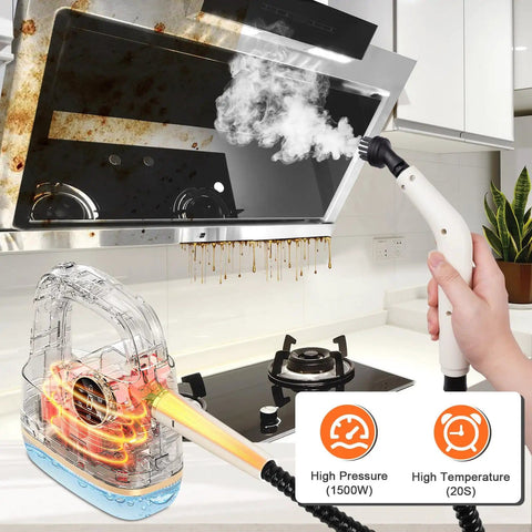 Handheld Steam Cleaner With LCD Display And One Click Control in use on kitchen hood, showing steam cleaning action