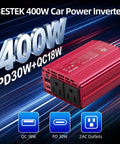 Kickass 400W Car Power Inverter DC 12V To AC 110V with two AC outlets, USB PD 30W, compact portable design.