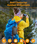 Person hiking with Solar Power Bank 20,000mAh Portable Charger On The Go with USB C attached to backpack for outdoor adventures