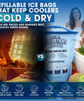 Reusable Ice Packs For Coolers, Large Leakproof Ice Bags, with drinkable meltwater feature, pack of 2, shown from front and side view.