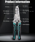 18 In 1 Foldable Wire Stripper Kit With Crimping Pliers Cutter Twister And Splitting Tool showing features and uses.