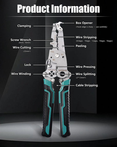 18 In 1 Foldable Wire Stripper Kit With Crimping Pliers Cutter Twister And Splitting Tool showing features and uses.