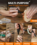 Top Notch Mini Cordless Rotary Tool Accessory Kit With 42 Pieces And 5 Speed Pen Sized Grinder shown in use for sanding wood.